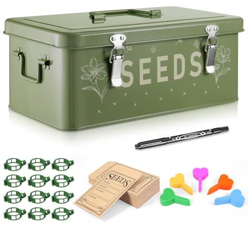 Dulov Metal Seed Storage Box with Lid – 4 Compartments, 30 Seed Envelopes, 30 Plant Labels & Marker Pen – Garden Seed Organiser Tin with Safety Locks – Ideal for Allotment & Vegetable Seeds