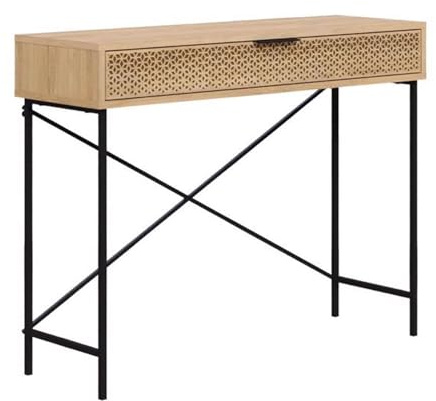 FWStyle Sapphire Oak 1 Drawer Console Table Laser Cut Drawer Metal Cross Frame