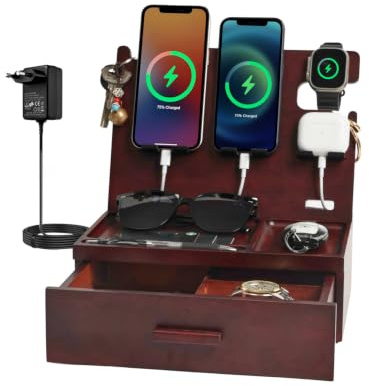 Holz Handy Ladestation Mehrere Geräte Mit Schreibtisch Organizer PD 22.5W | 4 USB Ladegerät Mehrfach für 2 iPhone,Samsung,Android,Apple Watch,AirPods Nachttisch Organizer Geschenkideen für Männer