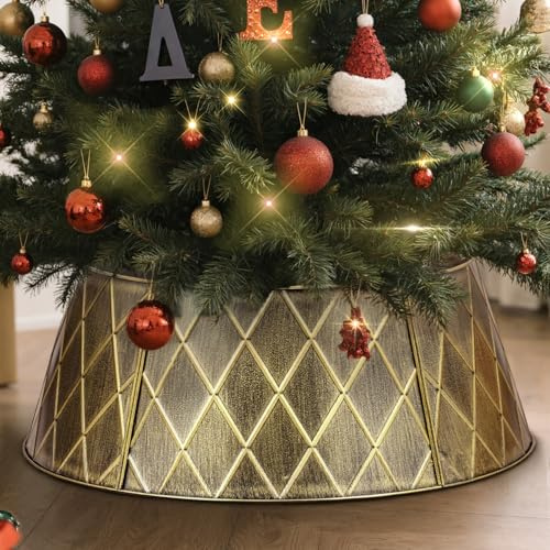 Lanpn Metallo Collana Albero di Natale 70cm, Gonne Albero di Natale Christmas Tree Collar Per Media M Alberi Artificiali Interno Esterno - Decorazioni Natalizie (Dorato, Rombo)