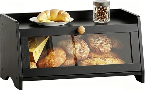 BAMBANG Bread Bin for Kitchen Countertop, Bamboo Bread Box Wooden Farmhouse Bread Storage Container, Small Breadbox Organizer for Counter Cabinet Pantry, Black