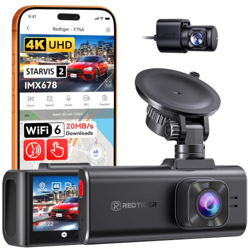 REDTIGER F7NA 4K Dashcam Vorne Hinten, STARVIS 2 IMX678 8MP UHD Autokamera | 5.8GHz WLAN(20MB/s), GPS & Sprachsteuerung, HDR Nachtsicht, 24H Parküberwachung, Ohne SD-Karte, Bis zu 512GB Max
