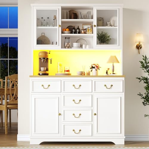 Sweiko Haut Placard de Cuisine avec Prises Secteur et USB, LED Meuble de Rangement avec 6 tiroirs et rayonnages réglables, Buffet avec Espace Porte-Poubelle (White)
