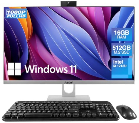 Fusion5 23.8 Full HD All in One PC Desktop Computer - 16GB RAM, 512GB SSD, i3-1215U 6-Core Processor up to 4.40 GHz, Windows 11, HDMI, USB 3.0 - AIO PC with Wireless Keyboard, Mouse, 3MP Web Camera