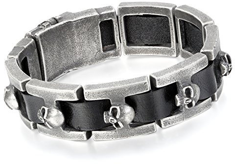 Cupimatch Herren Edelstahl Biker Armband, Schädel geflochten Manschette Kordelkette Totenkopf Kettearmband Hochglanz Poliert Rock Leder Armreif, silber schwarz