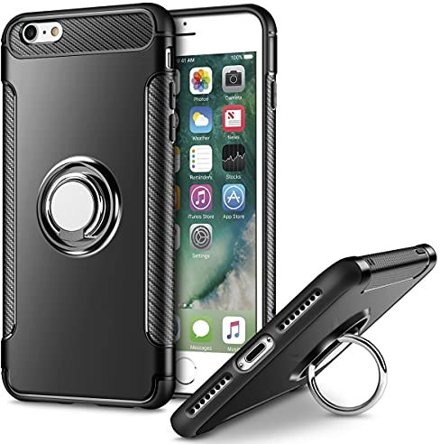 UEEBAI Case For iPhone 6 6S,Ultra Slim Shockproof Silicone TPU+PC Case Anti-Scratch Back Case 360 Degree Rotatable Ring Kickstand Used As an In-car Phone Holder Stand Cover for iPhone 6/6S - Black