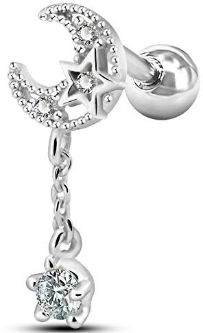 OUFER Cartilage Earrings 16G Stainless Steel Moon with Cubic Zirconia Dangle Tragus Earrings Helix Studs Cartilage Piercing Jewellery(white gold)