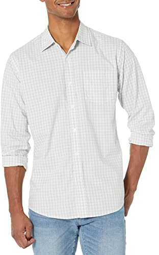 Amazon Essentials Chemise en Popeline à Manches Longues, Style Décontracté, Coupe Standard Homme, Gris Clair Blanc À Carreaux, L