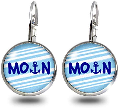 Fördeblau Maritime Ohranhänger 'Moin' mit Anker, Norddeutscher Modeschmuck für Damen, Klappbrisur 12mm. Schönes Geschenk für Frauen