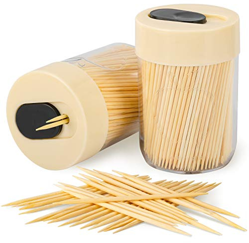 Urbanstrive Sturdy Safe Toothpick Holder with 800 Natural Wood Toothpicks for Teeth Cleaning, Unique Home Design Decoration, Unusual Gift, 2 Pack, Beige | Upgraded Resistant Bend & Break Durable Tooth Picks for Teeth Cleaning DIY Crafts Appetizer Olive Barbecue Fruit Food