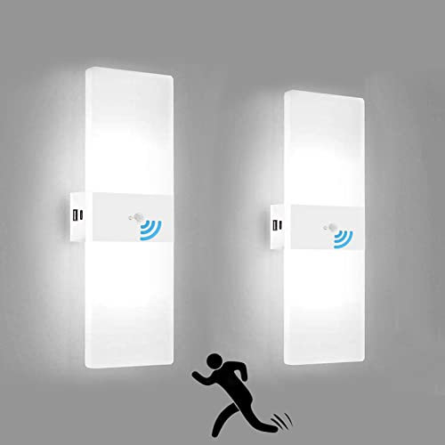 2 Stück Wandleuchte Innen 2,8W LED Wandlampe Mit Bewegungsmelder, 4000-Mah-Akku USB Wiederaufladbar, Acryl Aluminium Wandbeleuchtung Modern Flur Lampe, Schlafzimmer Treppenhaus Wohnzimmer,Weiß,6000K