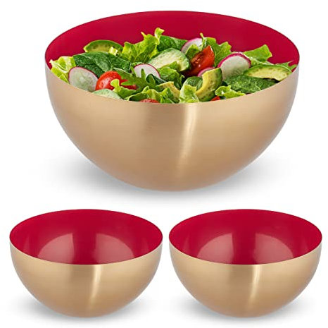 Set 3 Ensaladeras Redondas Ø 25 cm, Frutero Acero Inoxidable, Cuenco Repostería, Bol Cocina 3,5 Litros, Rojo y Dorado