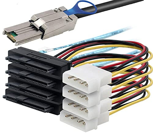 MINI SAS HD SFF-8088 26P till 4 portar SAS SFF-8482 serveradapterkabel med ström (0,5 m, svart)