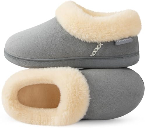 EverFoams Damen Geschlossener Rücken Hausschuhe Microsuede Flauschig Warm Kunstfell Memoryschaum Innen Außen Pantoffeln Grau, 38-39 EU