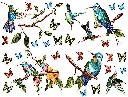 WUDQIJI Fensterbilder Fensteraufkleber 4 Blatt Vögel auf Ast Fenster Abziehbilder Fenstersticker Kolibri Fensteraufkleber Frühling Vögel Fensterbilder für Wohnzimmer Schlafzimmer Wanddeko