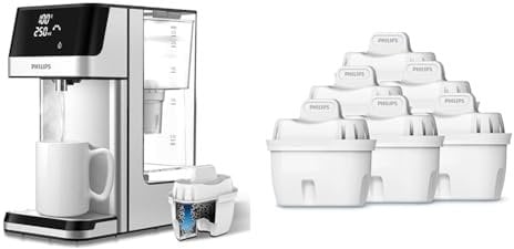 Philips Water Station, Hot & Ambient Filtered Water Dispenser, 2.2L Capacity, 6 Temperature Presets, Touch screen, UK Power Plug & Water Replacement Filter Cartridges, 6-Pack, Brita Compatible