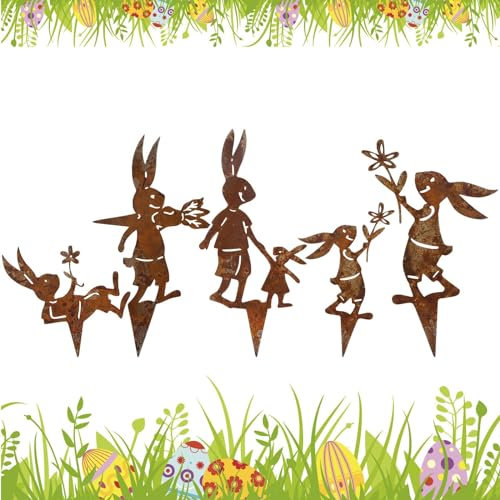 Wvu & Wvo 5 Stück Hase Garten Deko, Osterdeko Rost Deko, Gartendeko, Rostdeko Gartendeko, Frühling Dekorationen, für Holz Garten Dekoration Outdoor, Terrasse, Blumentopf
