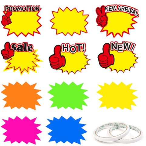 quiodok 600 Blatt Neon Price Tags Starburst Verkaufsschilder Blanko Starburst Burst Preis Zschilder für Supermärkten, Geschäft, Ladengeschäft Party Favors, 12 Stile (9x7CM)