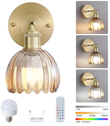 Vintage Battery Operated Wireless Wall Sconces, Rechargeable Gold Wall Lights,Amber Tulip Glass Lampshade With Remote Dimmable Wall Lighting Indoor, Led Wall Lamp Fixtures For Bedroom, Living Room