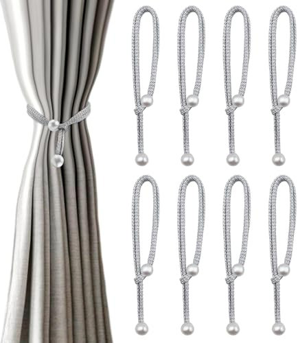 ALLisWE 8 Pièces Embrasse pour Rideaux Embrases pour Voilages Grandes Perles Gris Attache Rideau Pratiques Et Décoratives en Corde Embrasses de Rideaux Boucle Décoration pour Maison, Bureau, Hôtel