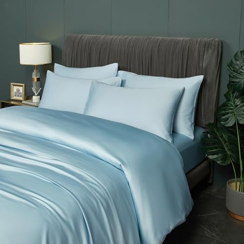DXHOME Bambus Bettwäsche 135x200cm 4teilig Blau Hellblau Uni Glatt Luxus Sommerbettwäsche Bambusfaser Deckenbezug Atmungsaktiv Kühlende Bettbezüge mit Reißverschluss und 2 Kissenbezüge 80×80cm