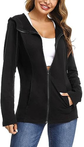 Aottori Felpe Donna con Cappuccio e Zip Leggera Giacca Sportiva Slim Fit Hoodie Maniche Lunghe Cappotto Casual Tinta Unita per Fitness Jogging Yoga Nero L