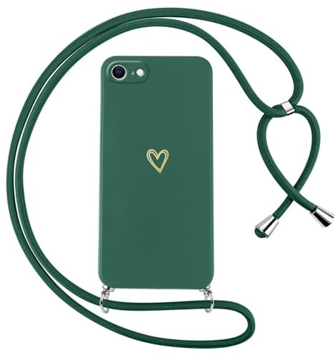 Oelrstfe Coque pour iPhone 8/iPhone SE 2020/iPhone 7/SE 2022 avec Cordon de Collier Étui Housse Souple Silicone avec Motif Coeur et Portable Lanyard Réglable Antichoc Anti-Chute Bandoulière Case,Vert