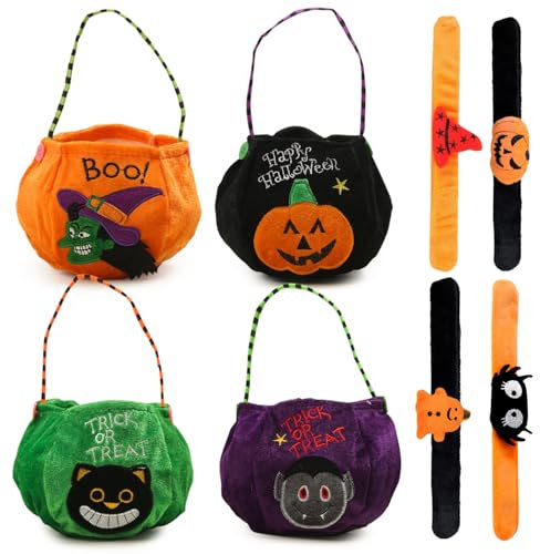 4 Pcs Halloween Kürbisbeutel，Halloween Tasche für Süßigkeiten, Halloween Süßigkeiten Tasche Kinder Betteltaschen Beutel Süßigkeit,Kürbis Sammeltasche mit Halloween Slap Armbänder.