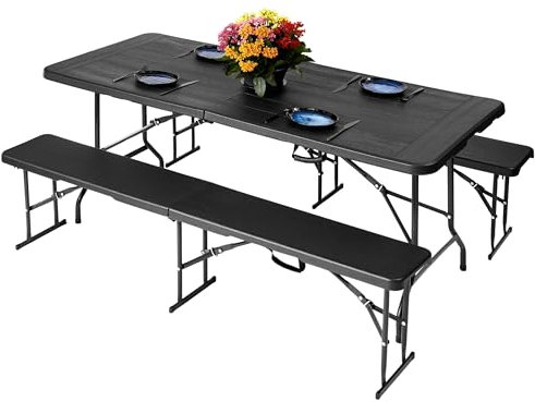6ft Folding Table & Folding Bench Seat Set - Functional, Easy-to-Fold-and-Store Furniture for Indoor and Outdoor Use with Wood Grain Pattern, Heavy-Duty Black Plastic Surfaces & Steel Frames