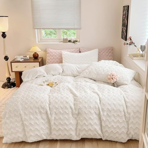 Freyamy Peluche Housse de Couette 200x200cm Beige Ondulée Hiver Chaude Duveteuse Parure de lit 2 Personne Shaggy Faux Fur avec Fermeture Éclair Flanelle Linge de lit avec 2 Taie d'oreiller 65 x 65cm