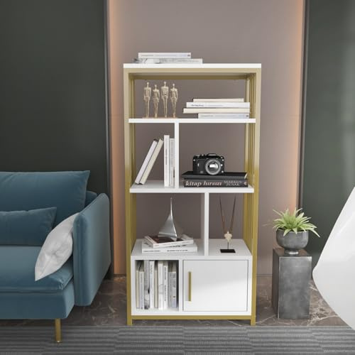 Hanah Home Elegant White & Gold Bookshelf, 60 cm x 120 cm x 29.6 cm | 100% Melamine Coated Particle Board, 18 mm Thick | Stylish Storage for Modern Homes