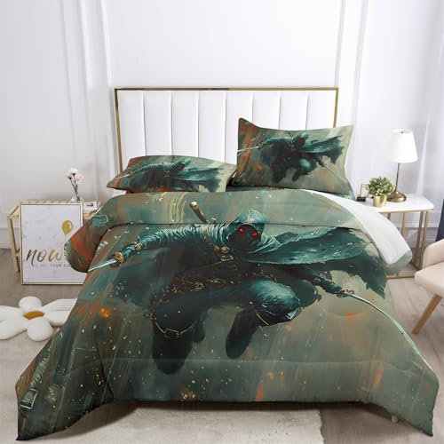 XIICOO Bettwäsche Ninja-Dekor Ninja-Motiv Bettdecke Set Martial Arts Ninja Japanische Ninja-Kunst | 1 Bettdecke + 2 Kissenbezüge(3Pcs) Oder Spannbettlaken (4Pcs) (A,KING-4PCS)
