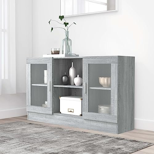Myheimly Sideboard 2 Fächer 2 Türen Kommode Anrichte Beistellschrank Mehrzweckschrank Standschrank Schrank 120x30,5x70cm Holzwerkstoff Grau Sonoma,Holzwerkstoff und Glas