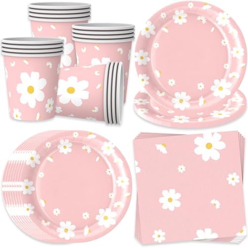 Bikasun Juego de vajilla de fiesta de margaritas margaritas para 16 invitados, flores blancas y rosas, decoración para fiestas de cumpleaños infantiles, vasos servilletas platos de papel