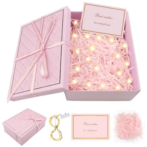 Geschenkbox mit Deckel, 25x18x8,5cm Geschenk Box mit LED Lichterkette | Dauerhaft Geschenkbox Geburtstag mit Grußkarten Raffia, Faltbare Geschenkkarton für Hochzeiten Weihnachten Jahrestag