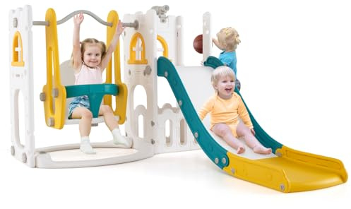 COSTWAY Kinder Rutsche mit Klettergerüst & Schaukel, 7 in 1 Rutschenset mit Basketballkorb & Teleskop, Montessori Spielplatz Indoor & Outdoor für Kinder ab 1 Jahr (Gelb + Grün)