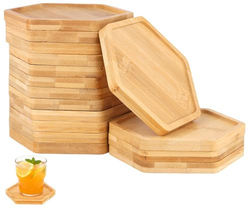 SINJEUN Lot de 16 Dessous de Verre Hexagonaux en Bambou - 12 x 10,5 cm - sous-Verres Naturels pour Salle à Manger, Salon, Cuisine et DIY Mosaïque