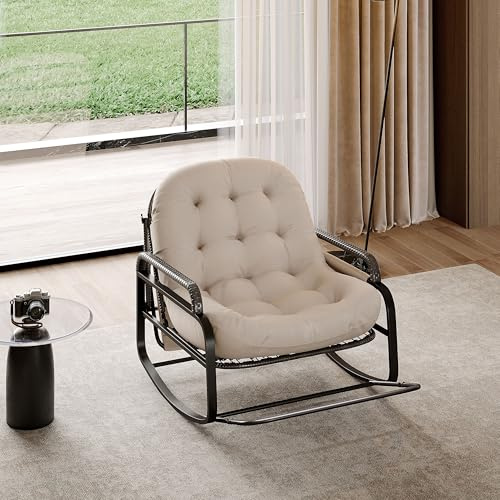 VixorLuilith Schaukelstuhl, Schwingstuhl mit Polsterauflagen und Metallgestell, verstellbare Rückenlehne, klappbare Fußstütze, geeignet für Garten, Wohnzimmer, Terrasse, belastbar bis 150 kg (Beige)