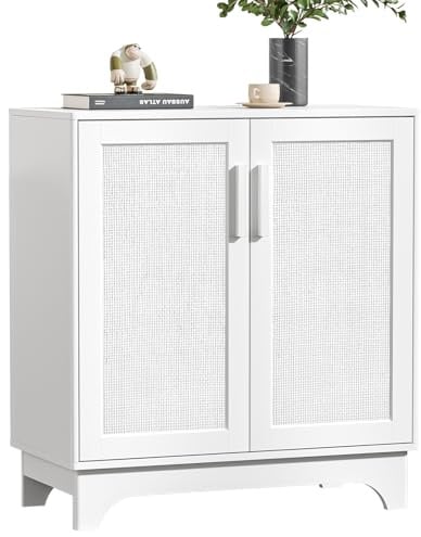 Yvsevnr Rattan Sideboard Küchenschrank mit Verstellbare Ablagen Landhausstil Buffetschrank Holz Aufbewahrungsschrank Kippsicherung Schrank für Küche, Wohnzimmer, Esszimmer, Flur 80 x 40 x 89 cm