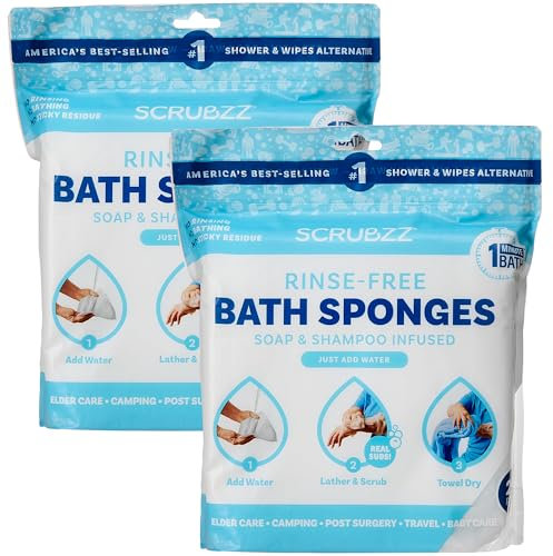 Scrubzz Disposable Bed Bath Wipes 25 Pack for Elderly Travel Camping Single Use Shampoo Shower Rinse Free (2 Pack)