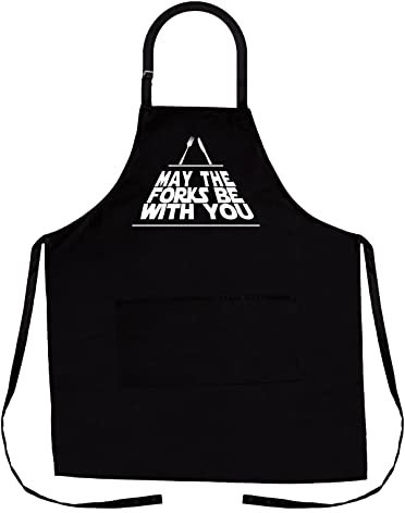 Nomsum StarGifts Lustige Grillschürze für Herren, Größe passt Allen, hochwertige Küchenschürze für Herren, ideales Grillzubehör Mögen die Gabeln (May the Forks be with You)