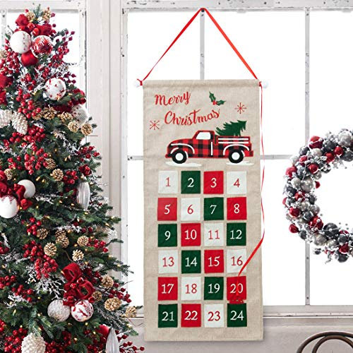 GMOEGEFT Jute-Adventskalender 2020 Countdown bis Weihnachten mit LKW-Applikation, Weihnachtsstoff, Dekoration (rot und grün)