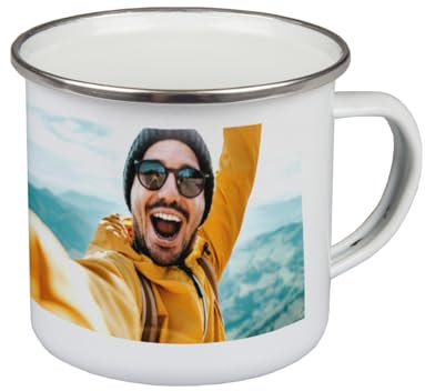 ORWO – 300 ml Emaille-Tasse personalisieren und mit Foto bedrucken, robuste Blechtasse, silberner Tassenrand, hochwertiger Druck: handmade in Germany