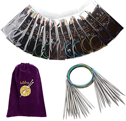 Rundstricknadel Set Edelstahl Runden Häkeln Stricknadeln Pins Nadel Set Pullover Nadel Kit Häkelnadeln Garnnadeln für Webprojekte, 14 Größen 2.25mm bis 10mm, 80 cm für Anfänger Professionelle (A)