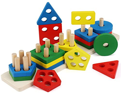WolinTek Holz Sortierspiel Formen und Farben, Montessori Holzspielzeug Sortier Stapelspielzeug, Lernspielzeug Geschenk,Bestes Geburtstagsgeschenk für Kinder, Junge, Mädchen und Babys (5 Set)