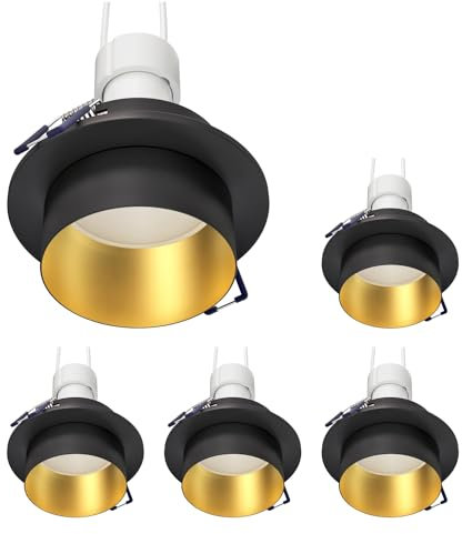 ledscom.de 5 Stück Deckeneinbaurahmen KRON, rund, schwarz/gold matt, inkl. GU10 LED 630lm, warmweiß