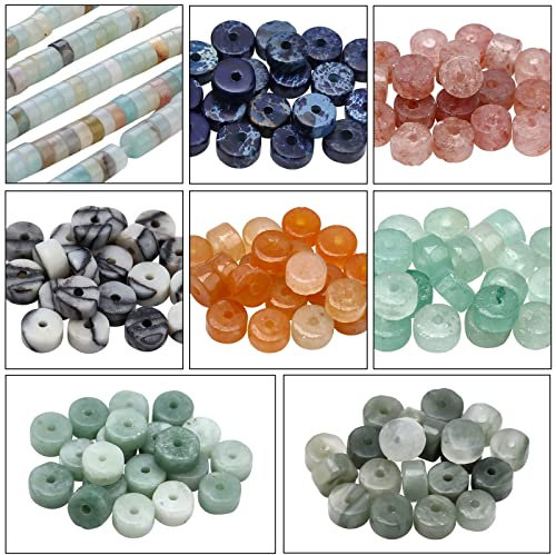 NBEADS 160 Piedras Preciosas Naturales de 8 Estilos, Espaciadores Redondos Planos y Surtidos, Jaspe de Disco para Hacer Joyas, Manualidades, Pulseras, Aretes