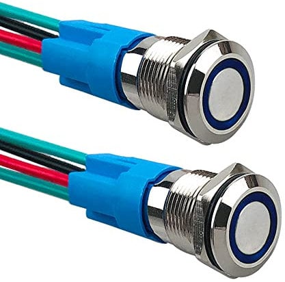 Aiqeer 2 Pezzi 12 mm Interruttore a Pulsante Momentaneo, 12V / 24V 3A Interruttore di Accensione per Auto, Interruttore a Pulsante in Metallo con Presa Precablata (LED Blu)