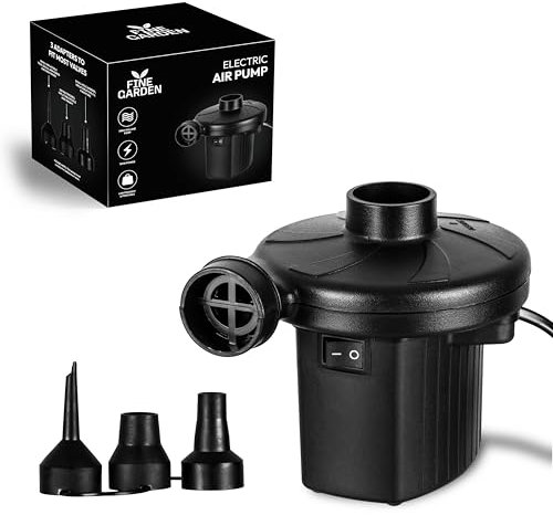 FINE GARDEN Electric Air Pump for Inflatables, AC 240V/150W/50Hz Portable Quick-Fill Air Pump with 3 Nozzles Perfect Inflator/Deflator Pumps Outdoor Camping,Air Mattress Beds,Boats,Swimming Ring,Black