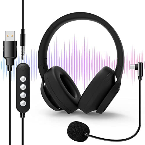 USB Headsets with Microphone, [Foldable] 2m Length Computer Headset with Noise Cancelling, Detachable microphone&Closed-back design for Laptop Tablet, Business Chat, Gaming,Teaching, etc